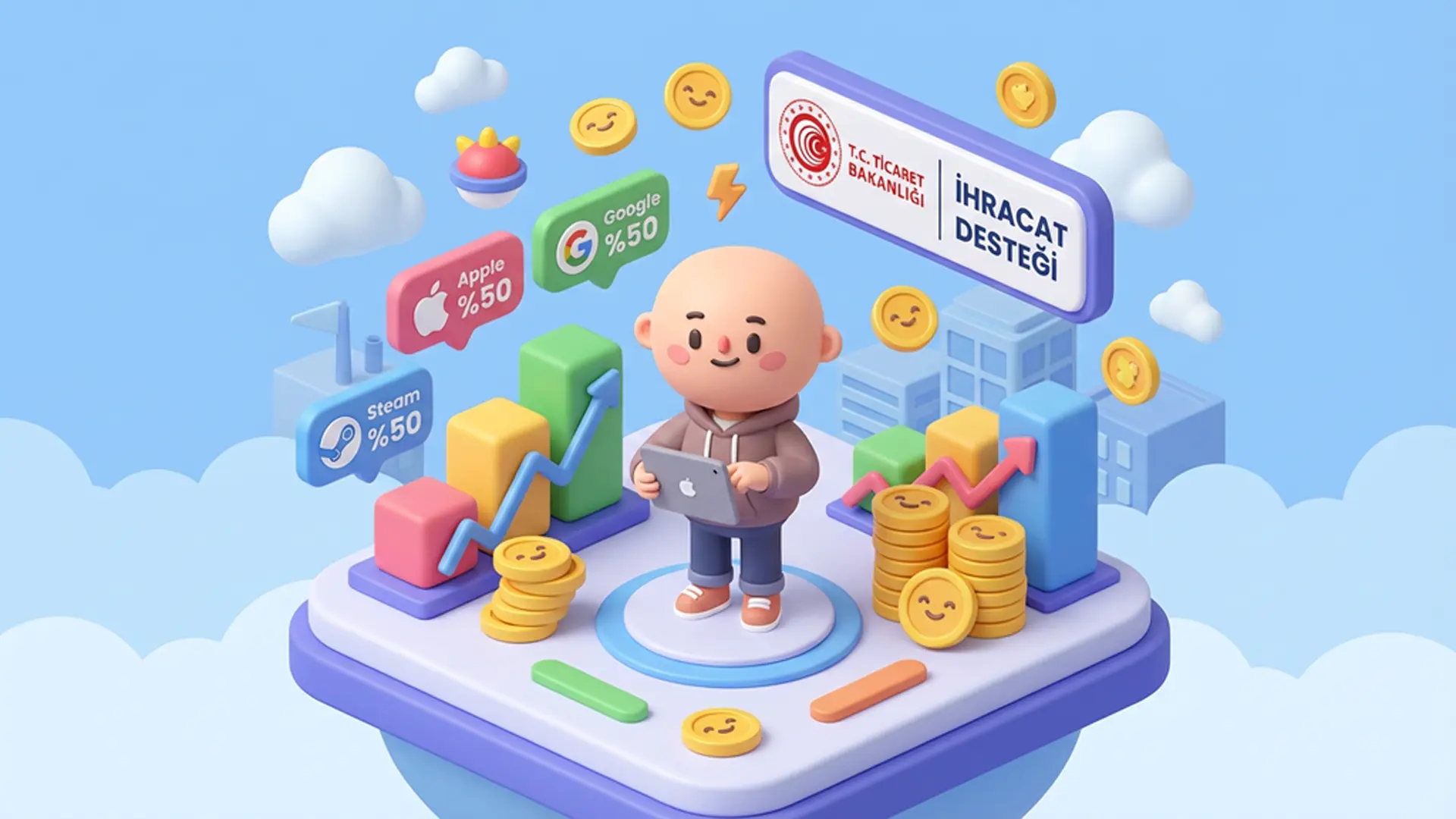 3D karikatür tarzında bir yazılım geliştirici, Apple, Google ve Steam komisyon harcamalarının %50’sini geri alabilecek şekilde gamified mobil/PC oyun ortamında gösteriliyor.