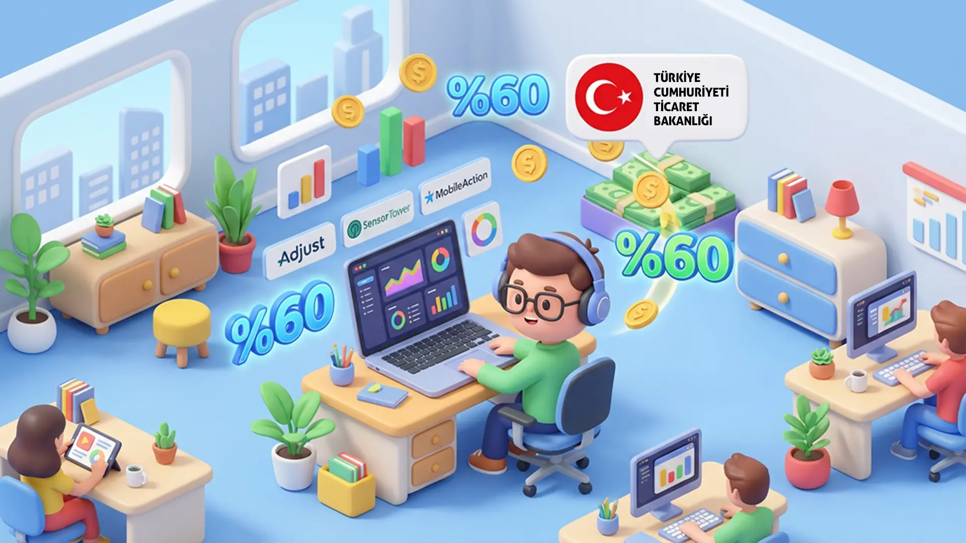 3D karikatür tarzında bir yazılım geliştirici, bilgisayarında Adjust, Sensor Tower, MobileAction ve diğer veri tabanı araçlarıyla çalışıyor; Ticaret Bakanlığı desteği ile %60 geri ödeme simgeleriyle gamified mobil oyun ortamında.